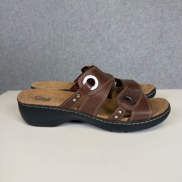 Clarks Collection Women's Size 11M Brown Leather Open Toe Sandals Slides - Picture 1 of 10